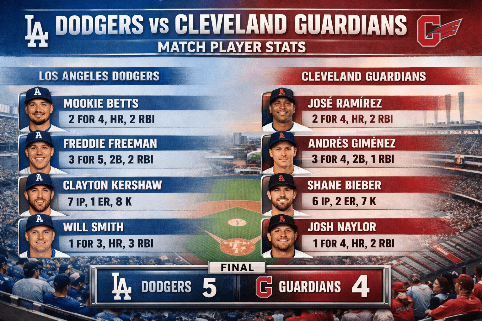 Dodgers vs Cleveland Guardians Match Player Stats