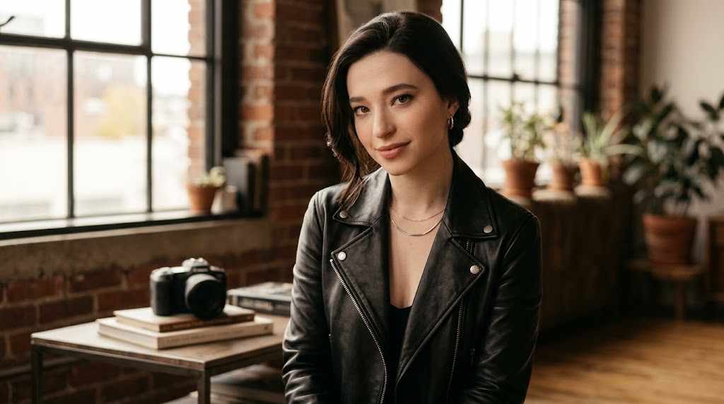 Portrait of actress Mikey Madison wearing a black leather jacket in a loft setting