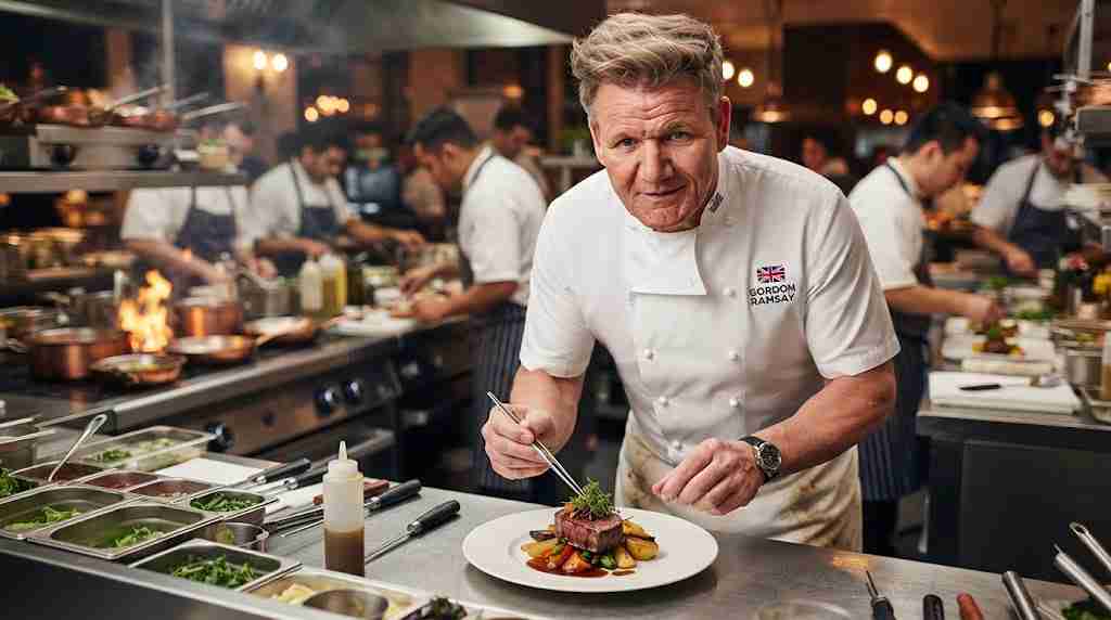 "Gordon Ramsay plating a gourmet meal in a bustling professional restaurant kitchen"