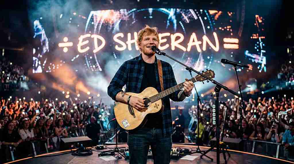 Ed Sheeran performing live on stage with an acoustic guitar in front of a stadium crowd