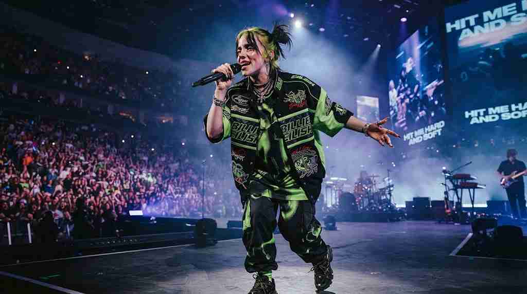 A high-energy live concert photograph of Billie Eilish performing on stage in a large arena, wearing a black and neon green outfit. The crowd is cheering in the background, and the large screen shows "HIT ME HARD AND SOFT" text.